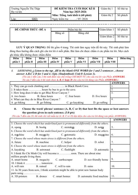 Đề thi Học kì 2 Tiếng Anh 6 năm 2025-2026 trường THCS Nguyễn Thị Thập (TP Hồ Chí Minh)